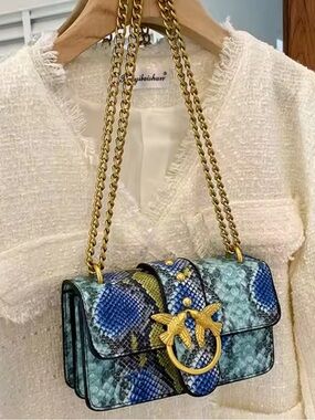 Blue-Green Snake Print Chain Shoulder Bag